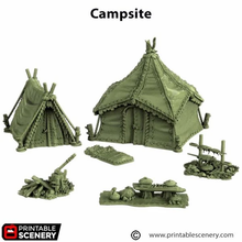Load image into Gallery viewer, Campsite - The Gloaming Swamps - Printable Scenery Terrain Wargaming D&amp;D DnD 15mm 20mm 25mm 28mm 32mm 40mm 54mm