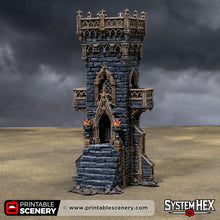 Load image into Gallery viewer, Gothic Small Square Tower with Gate - Darkness &amp; Desolation - Printable Scenery - SystemHEX Terrain D&amp;D DnD