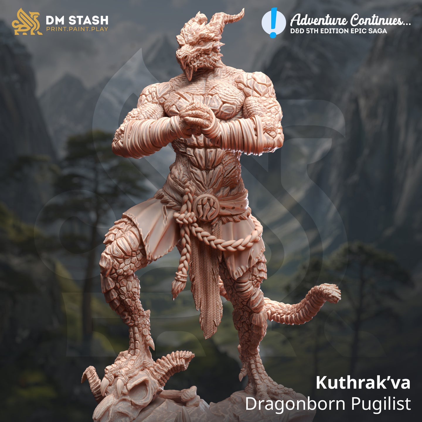 Kuthrak’va Dragonborn Pugilist - Adventure Continues - DM Stash - Wargaming D&D DnD, 28mm, 32mm, 40mm, 54mm, 75mm, 100mm, 125mm