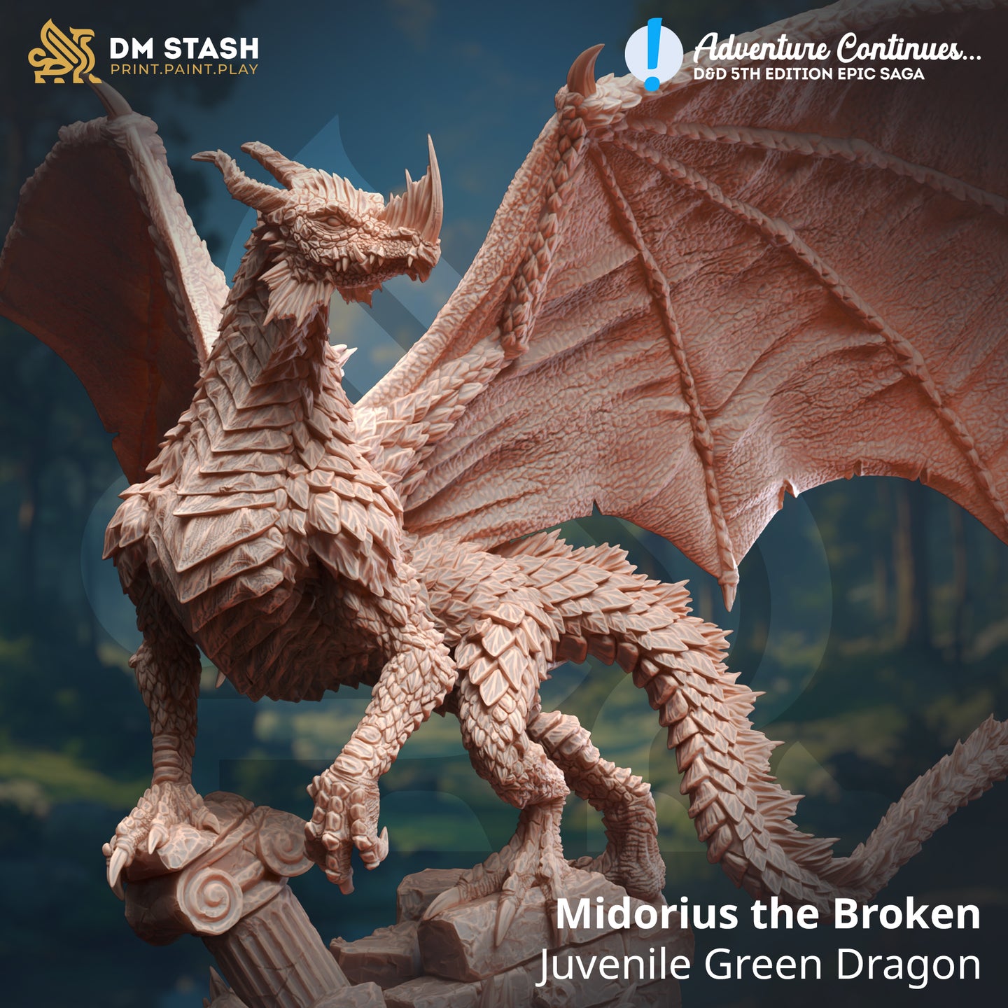Midorius the Broken Juvenile Green Dragon - Adventure Continues - DM Stash - Wargaming D&D DnD, 28mm, 32mm, 40mm, 54mm, 75mm, 100mm, 125mm
