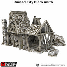 Load image into Gallery viewer, Ruined Blacksmith - Cities of Ramshackle and Ruin - Printable Scenery - Terrain, Wargaming, D&amp;D, DnD