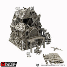 Load image into Gallery viewer, Ruined City Watermill - Cities of Ramshackle and Ruin - Printable Scenery - Terrain, Wargaming, D&amp;D, DnD