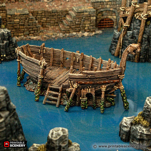 Ruined Longboat - Cities of Ramshackle and Ruin - Printable Scenery - Terrain, Wargaming, D&D, DnD