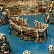 Load image into Gallery viewer, Ruined Longboat - Cities of Ramshackle and Ruin - Printable Scenery - Terrain, Wargaming, D&amp;D, DnD