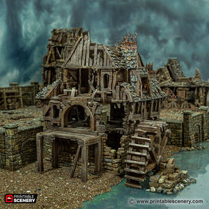 Ruined City Watermill - Cities of Ramshackle and Ruin - Printable Scenery - Terrain, Wargaming, D&D, DnD