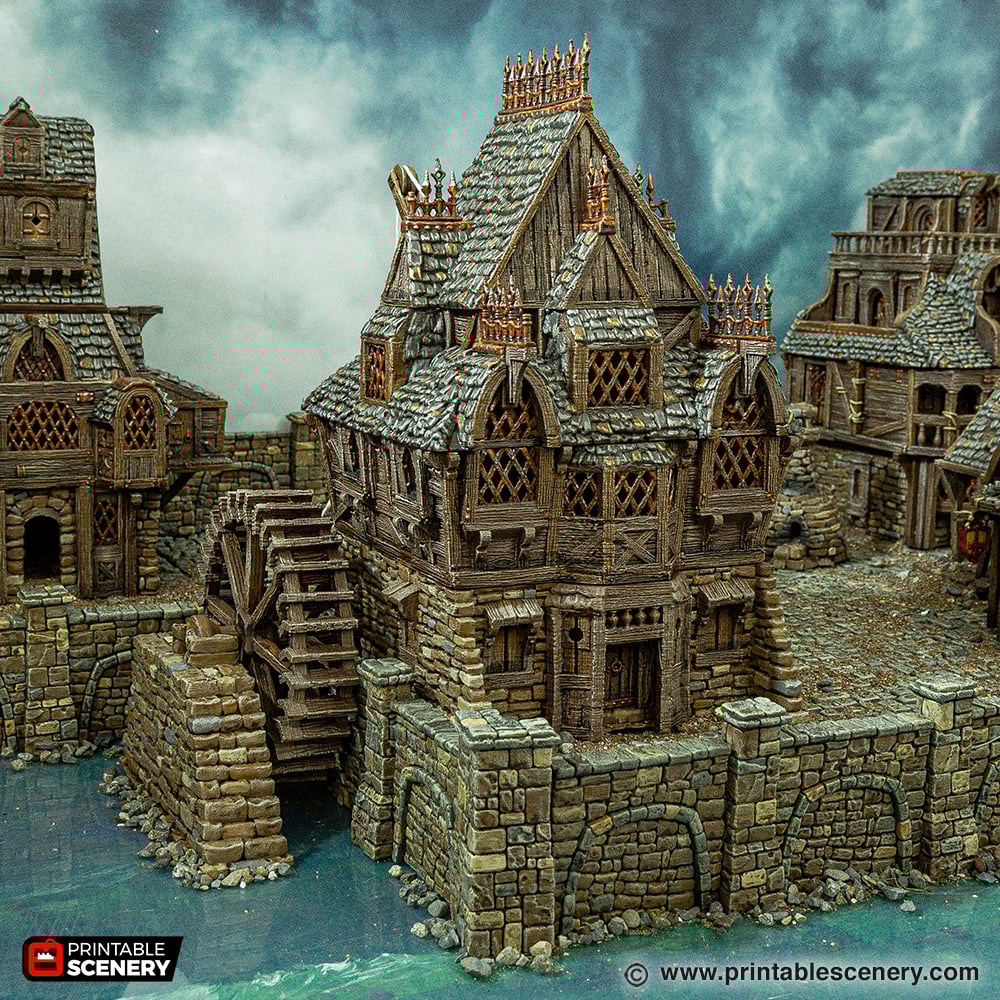 City Watermill - Cities of Ramshackle and Ruin - Printable Scenery - Terrain, Wargaming, D&D, DnD
