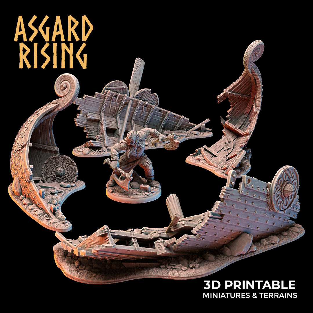 Snekkar and Drakkar Wreck Set - Asgard Rising Miniatures - Wargaming D&D DnD