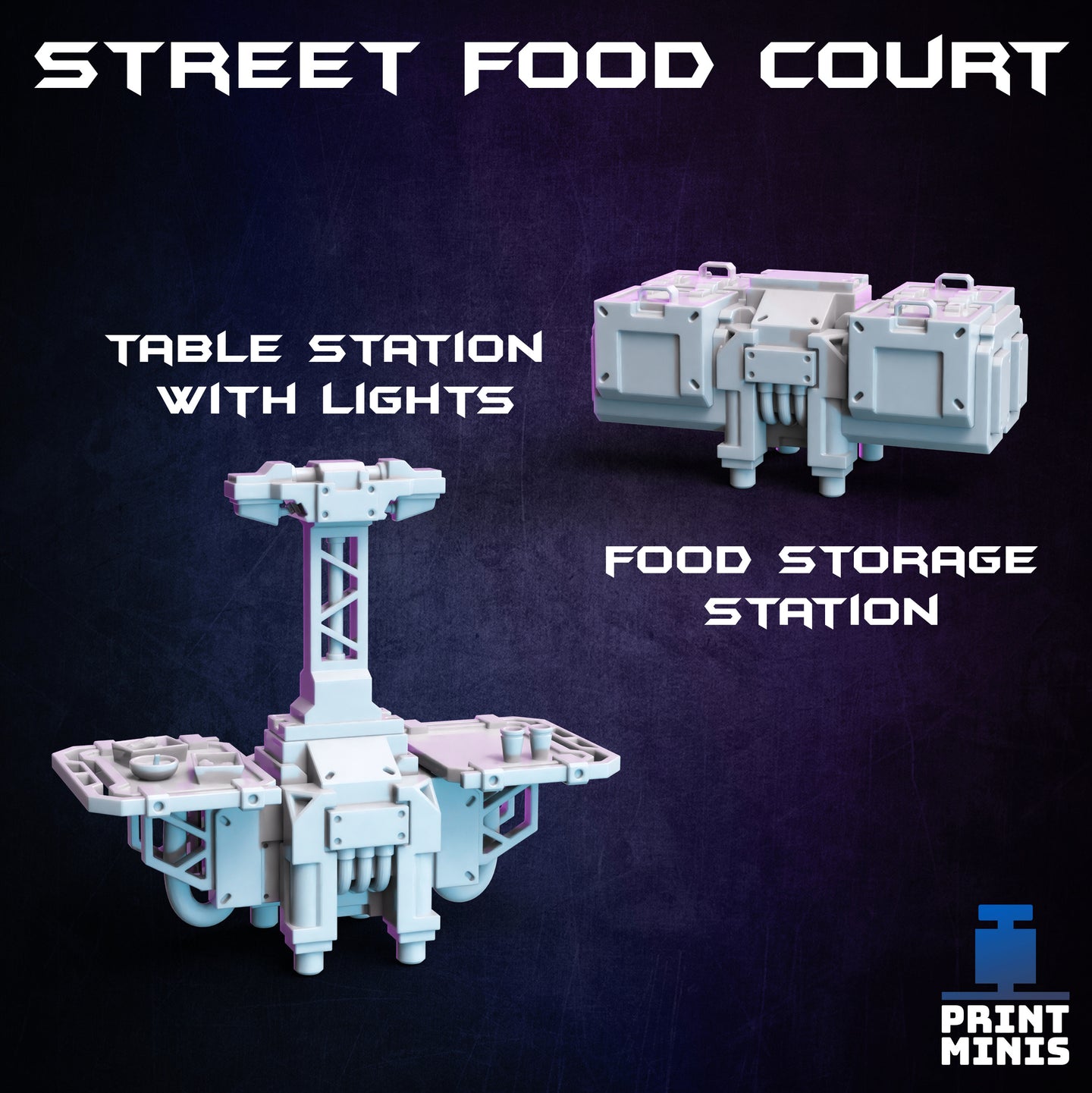 Street Food Court Table Station and Food Storage Set - Night Market - Print Minis - Wargaming D&D DnD