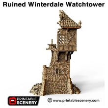 Load image into Gallery viewer, Ruined Winterdale Watchtower - 15mm 28mm 32mm Clorehaven and the Goblin Grotto Wargaming Terrain Scatter D&amp;D DnD