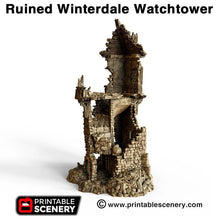 Load image into Gallery viewer, Ruined Winterdale Watchtower - 15mm 28mm 32mm Clorehaven and the Goblin Grotto Wargaming Terrain Scatter D&amp;D DnD