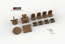 Load image into Gallery viewer, Simple RPG Chairs and Tables - 28mm 32mm Furniture Clorehaven and Goblin Grotto Wargaming Terrain Scatter D&amp;D DnD