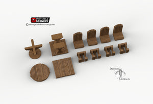 Simple RPG Chairs and Tables - 28mm 32mm Furniture Clorehaven and Goblin Grotto Wargaming Terrain Scatter D&D DnD