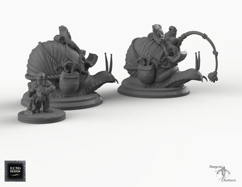 Snail-Riding Gnome Set - Snail Mount - 28mm 32mm EC3D Skyless Realms Wargaming Miniatures Monster D&D DnD