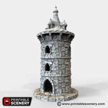 Load image into Gallery viewer, Round Tower with Turret - 15mm 28mm 32mm Winterdale Wargaming Tabletop Scatter Terrain D&amp;D DnD