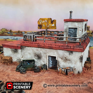 Derelict Gas Station - 28mm 20mm 32mm Brave New Worlds Wasteworld Gaslands Terrain D&D DnD
