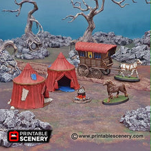 Load image into Gallery viewer, Travelers&#39; Camp - Shadowfey Wilds 28mm 32mm Wargaming Terrain D&amp;D, DnD Travelers Romani Travellers