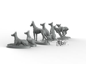 Dobermanns - Printomancer3D Printomancer Miniatures Wargaming D&D DnD Pack Doberman Pinscher Dogs Dog