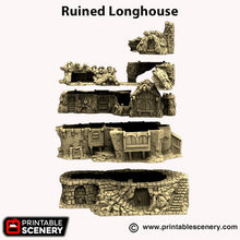 Load image into Gallery viewer, Ruined Longhouse - Hagglethorn Hollow Printable Scenery 15mm 20mm 28mm 32mm 37mm Terrain D&amp;D DnD Long House