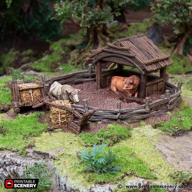 Oxen Enclosure - Hagglethorn Hollow Printable Scenery 20mm 28mm 32mm 37mm Terrain D&D DnD Bull Cow
