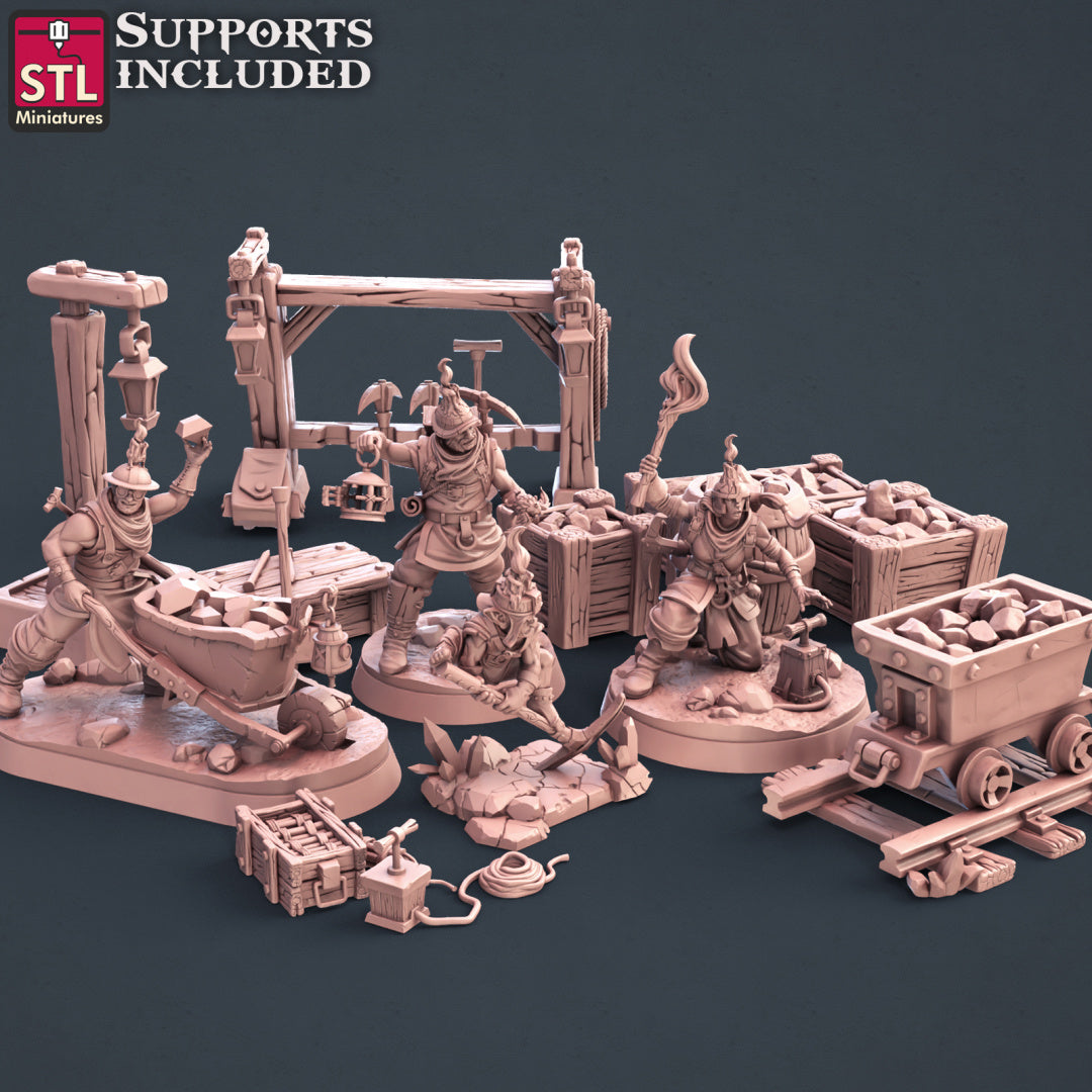 Miners Set - STL Miniatures - Wargaming D&D DnD